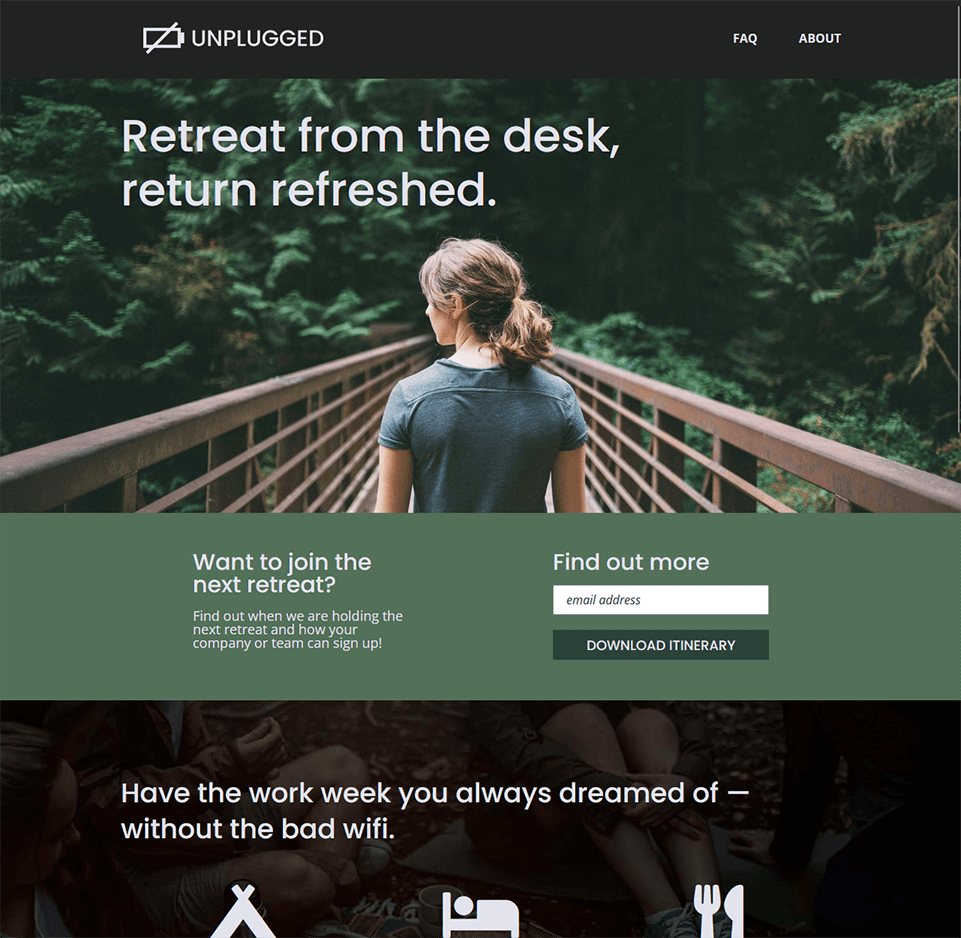 Screenshot of the upper part of the Unplugged Retreat website